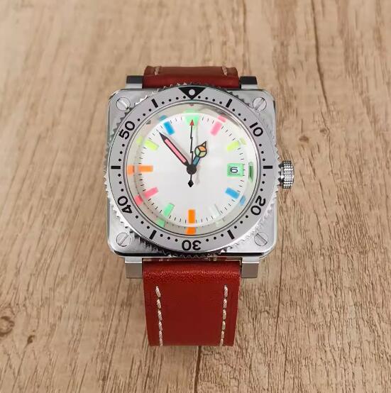 New men's square mechanical watch with leather strap and colorful glow, equipped with Japanese NH35 movement