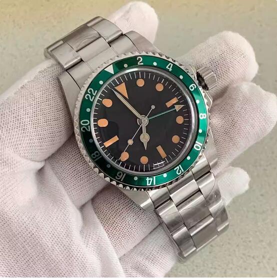 39.5mm Vintage Men's Vintage Mechanical GMT Watch with Four Pin Green Glow and Japanese NH34 Movement