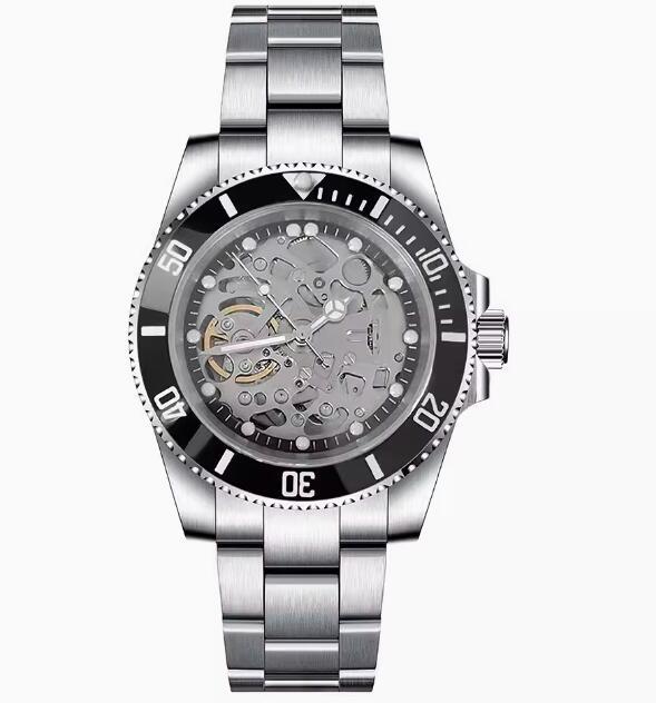 Men's hollowed out mechanical watch with a 40mm stainless steel case and black ring finish, featuring NH70 mechanical movement