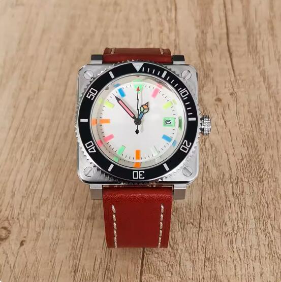 New men's square mechanical watch with leather strap and colorful glow, equipped with Japanese NH35 movement