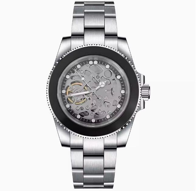 Men's hollowed out mechanical watch with a 40mm stainless steel case and black ring finish, featuring NH70 mechanical movement