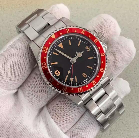 39.5mm Vintage Men's Vintage Mechanical GMT Watch with Four Pin Green Glow and Japanese NH34 Movement
