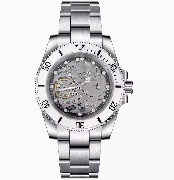Men's hollowed out mechanical watch with a 40mm stainless steel case and black ring finish, featuring NH70 mechanical movement