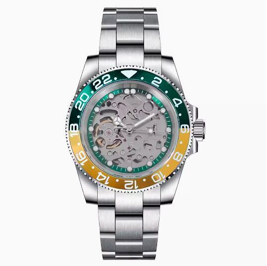 Men's hollowed out mechanical watch with a 40mm stainless steel case, green ring and brushed sand strap, equipped with NH70 mechanical movement