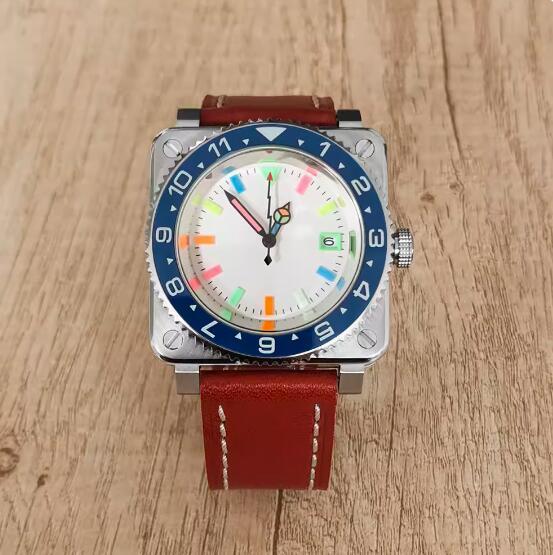 New men's square mechanical watch with leather strap and colorful glow, equipped with Japanese NH35 movement