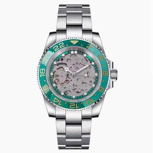 Men's hollowed out mechanical watch with a 40mm stainless steel case, green ring and brushed sand strap, equipped with NH70 mechanical movement
