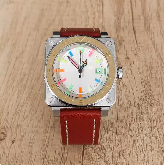 New men's square mechanical watch with leather strap and colorful glow, equipped with Japanese NH35 movement