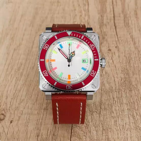 New men's square mechanical watch with leather strap and colorful glow, equipped with Japanese NH35 movement