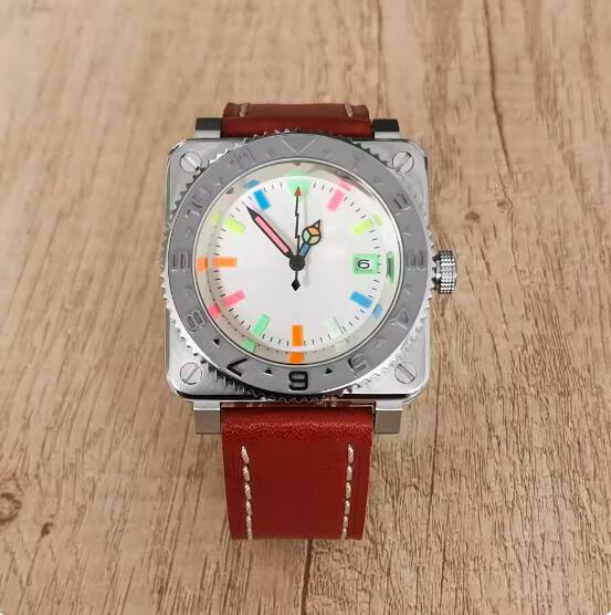 New men's square mechanical watch with leather strap and colorful glow, equipped with Japanese NH35 movement