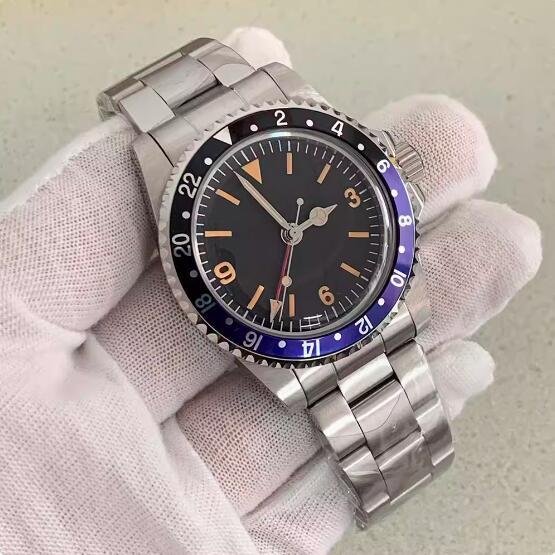 39.5mm Vintage Men's Vintage Mechanical GMT Watch with Four Pin Green Glow and Japanese NH34 Movement
