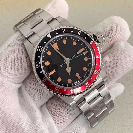 39.5mm Vintage Men's Vintage Mechanical GMT Watch with Four Pin Green Glow and Japanese NH34 Movement