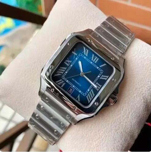 Luxury New Automatic Watch for Men Mechanical Watches Square Stainless Steel Bracelet White Rome Dial Gold Black Blue