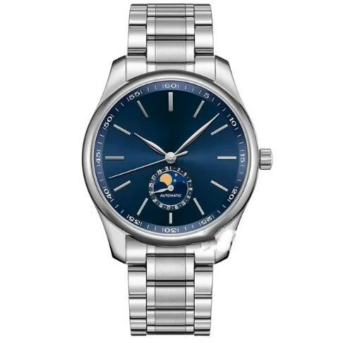 New Mens Watch Automatic Mechanical 904L Master MoonPhase Steel Leather Blue Diamonds Collection Wristwatch 40mm