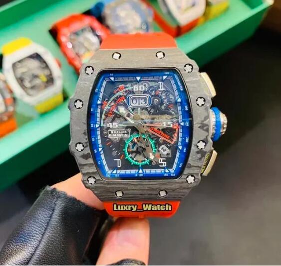 Luxury Mens Automatic Mechanical Watch Black Carbon Fiber Big Date Skeleton Blue Rubber Strap
