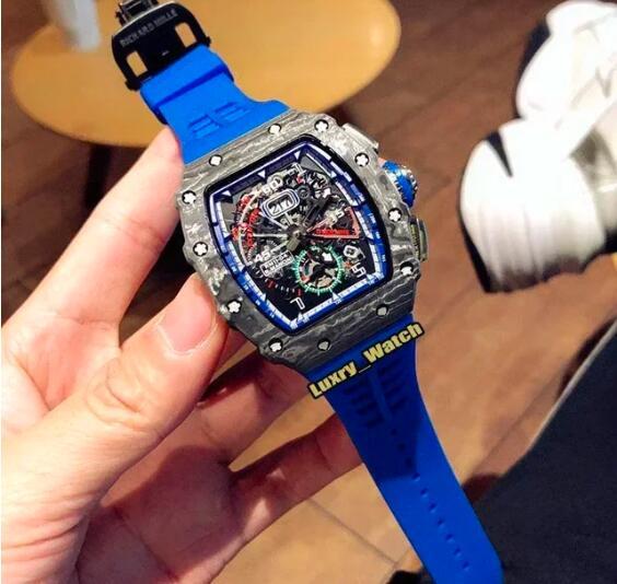 Luxury Mens Automatic Mechanical Watch Black Carbon Fiber Big Date Skeleton Blue Rubber Strap