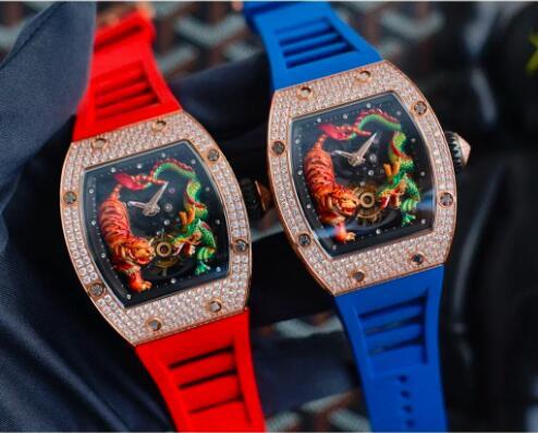Luxury New Mens Automatic Mechanical Watch Iced Diamond Black Blue Rubber Dragon Tiger Reloj Hombre