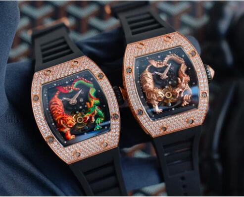 Luxury New Mens Automatic Mechanical Watch Iced Diamond Black Blue Rubber Dragon Tiger Reloj Hombre