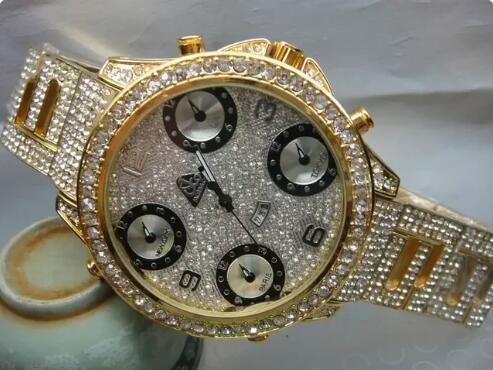 Luxury Mens Quartz Watch Stainless Steel Hiphop yellow Gold White Black Leather Full Iced Diamonds