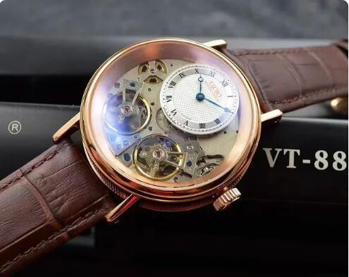 2023 New Mens Automatic Mechanical Watch Rose Gold Stainless Steel Black Leather 2 Tourbillions Rome Dial
