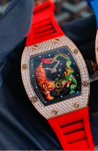 Luxury New Mens Automatic Mechanical Watch Iced Diamond Black Blue Rubber Dragon Tiger Reloj Hombre