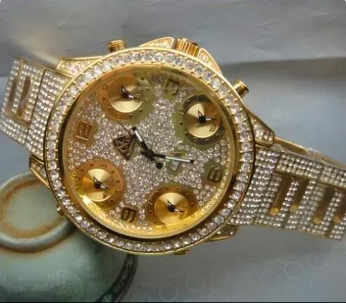 Luxury Mens Quartz Watch Stainless Steel Hiphop yellow Gold White Black Leather Full Iced Diamonds