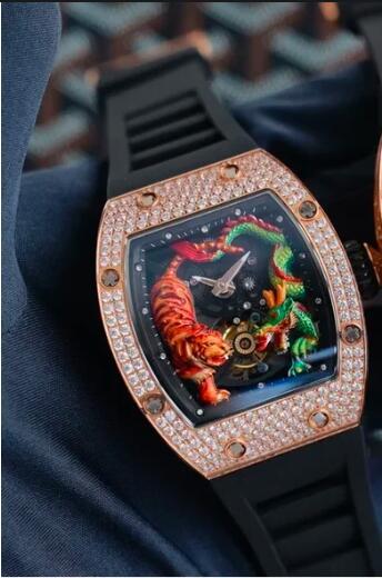 Luxury New Mens Automatic Mechanical Watch Iced Diamond Black Blue Rubber Dragon Tiger Reloj Hombre