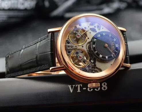 2023 New Mens Automatic Mechanical Watch Rose Gold Stainless Steel Black Leather 2 Tourbillions Rome Dial
