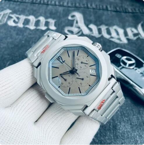 Luxury New Mens Quartz Chronograph Watch Grey Titanium Case Grey Black Blue Reloj Hombre