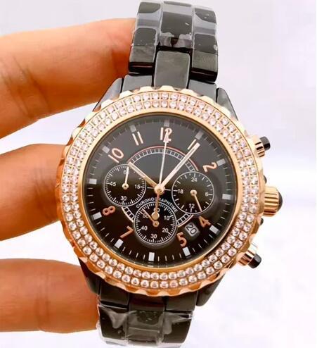 Luxury New Mens Quartz Chronograph Watch Ceramic 2 Rows Diamond Black White Rose Gold Reloj Hombre