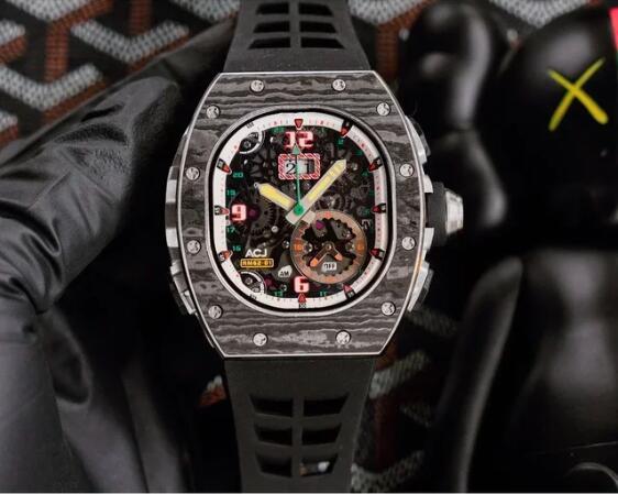Luxury New Mens Automatic Mechanical Watch Black Red Rubber Carbon Fiber Sport Watches