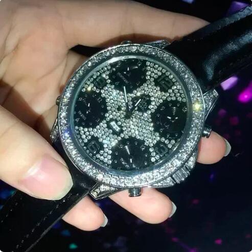 Luxury Mens Quartz Watch Stainless Steel Hiphop yellow Gold White Black Leather Full Iced Diamonds