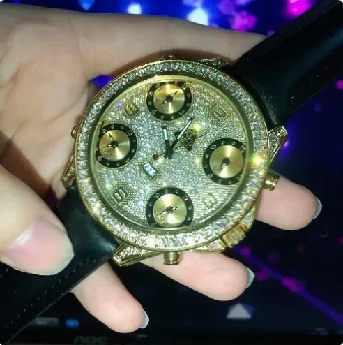 Luxury Mens Quartz Watch Stainless Steel Hiphop yellow Gold White Black Leather Full Iced Diamonds
