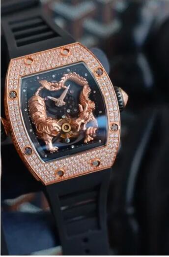 Luxury New Mens Automatic Mechanical Watch Iced Diamond Black Blue Rubber Dragon Tiger Reloj Hombre