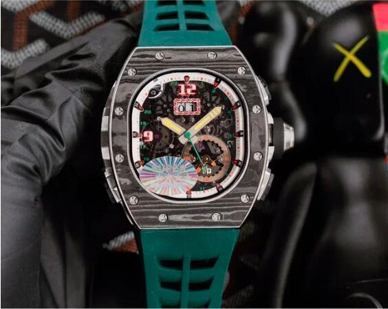 Luxury New Mens Automatic Mechanical Watch Black Red Rubber Carbon Fiber Sport Watches