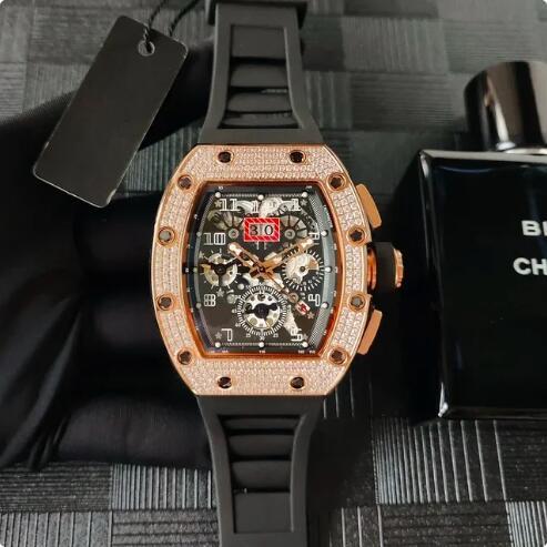 Luxury New Mens Automatic Mechanical Watch Rose Gold Diamonds Black Blue Rubber Fashion Watches