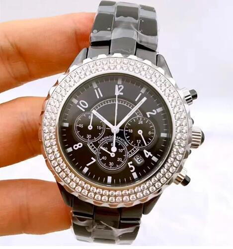 Luxury New Mens Quartz Chronograph Watch Ceramic 2 Rows Diamond Black White Rose Gold Reloj Hombre
