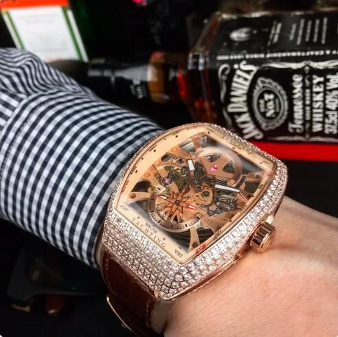 Luxury New Mechanical Mens Watch Automatic Rose Gold Diamonds Brown Leather Sport Watches