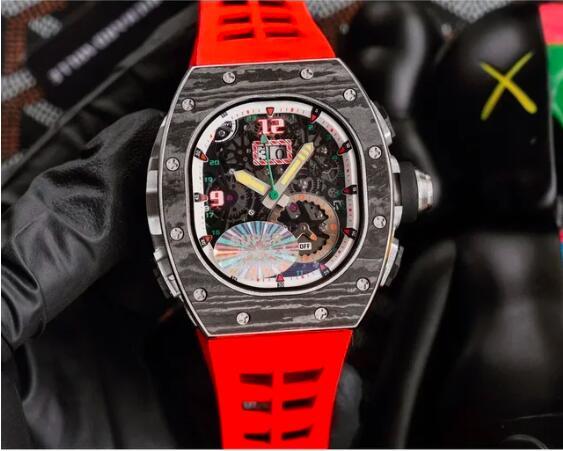Luxury New Mens Automatic Mechanical Watch Black Red Rubber Carbon Fiber Sport Watches