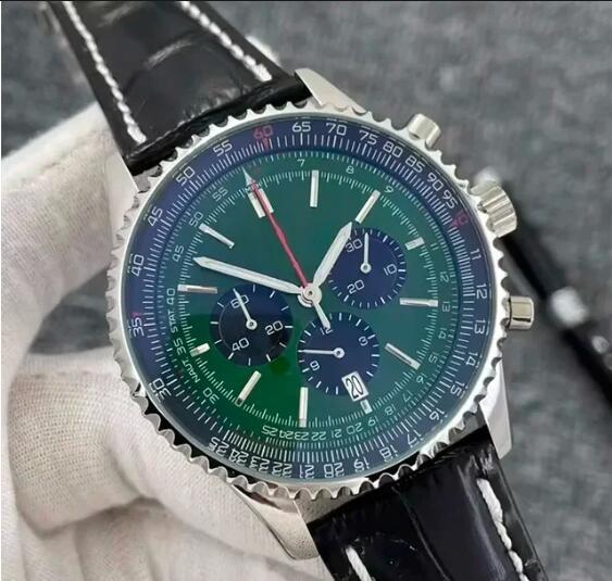 Luxury New Mens Quartz Chronograph Calendar Aviation Pilots Watch Black Leather Green Blue Relogio Masculino