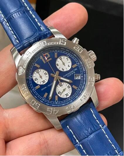 Luxury New Mens Quartz Chronograph Watch Black Blue Leather Reloj Hombre