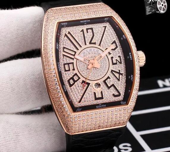 Luxury Mens Automatic Mechanical Watch Rose Gold Silver White Iced Diamond Rubber Leather Number