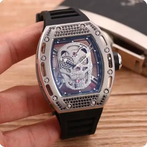 Luxury New Mens Automatic Mechanical Rose Gold Iced Diamonds Skull Watch Black Rubber Reloj Hombre