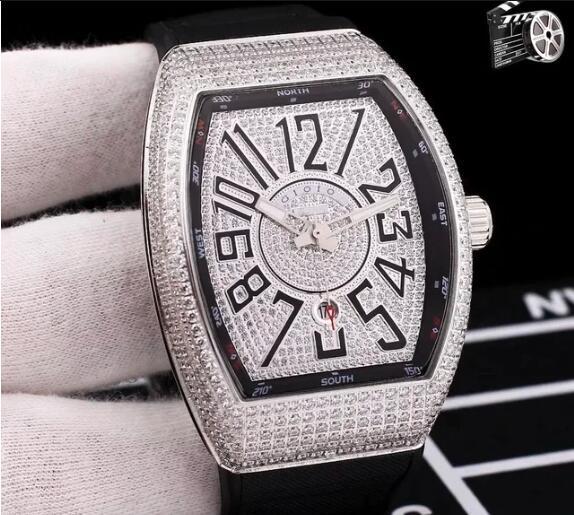 Luxury Mens Automatic Mechanical Watch Rose Gold Silver White Iced Diamond Rubber Leather Number