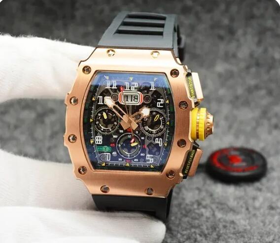 Luxury New Mens Automatic Mechanical Watch Skeleton Rose Gold Red Yellow Rubber Tonneau Sport Watches