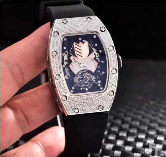 Luxury Women Lady Girl Automatic Mechanical Watch Iced Diamonds Black Rubber Stainless Steel Luminous