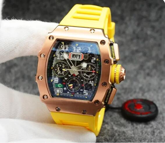 Luxury New Mens Automatic Mechanical Watch Skeleton Rose Gold Red Yellow Rubber Tonneau Sport Watches