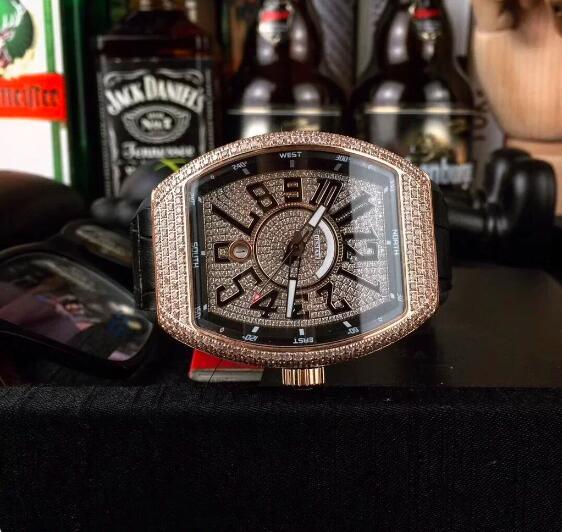 Luxury New Mens Mechanical Watch Automatic V45 Leather Black Rose Gold Iced Diamond Relogio Masculino
