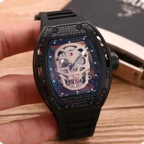 Luxury New Mens Automatic Mechanical Rose Gold Iced Diamonds Skull Watch Black Rubber Reloj Hombre