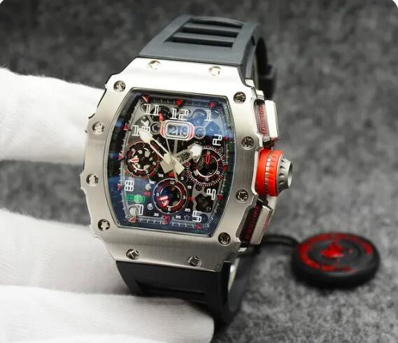 Luxury New Mens Automatic Mechanical Watch Skeleton Rose Gold Red Yellow Rubber Tonneau Sport Watches