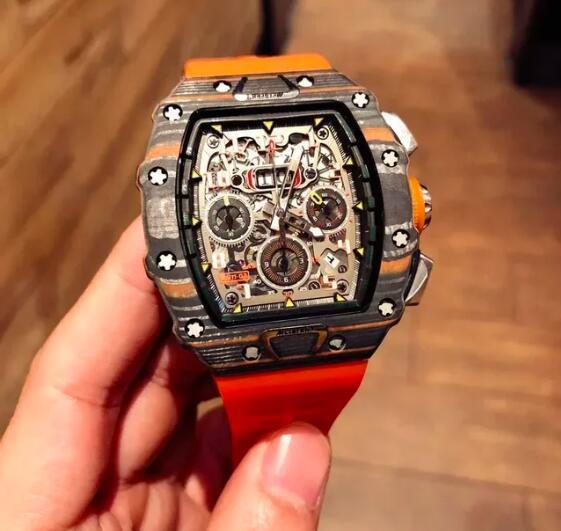 Luxury Mens Automatic Mechanical Watch Flyback Carbon Fiber Red Black Orange Rubber Strap